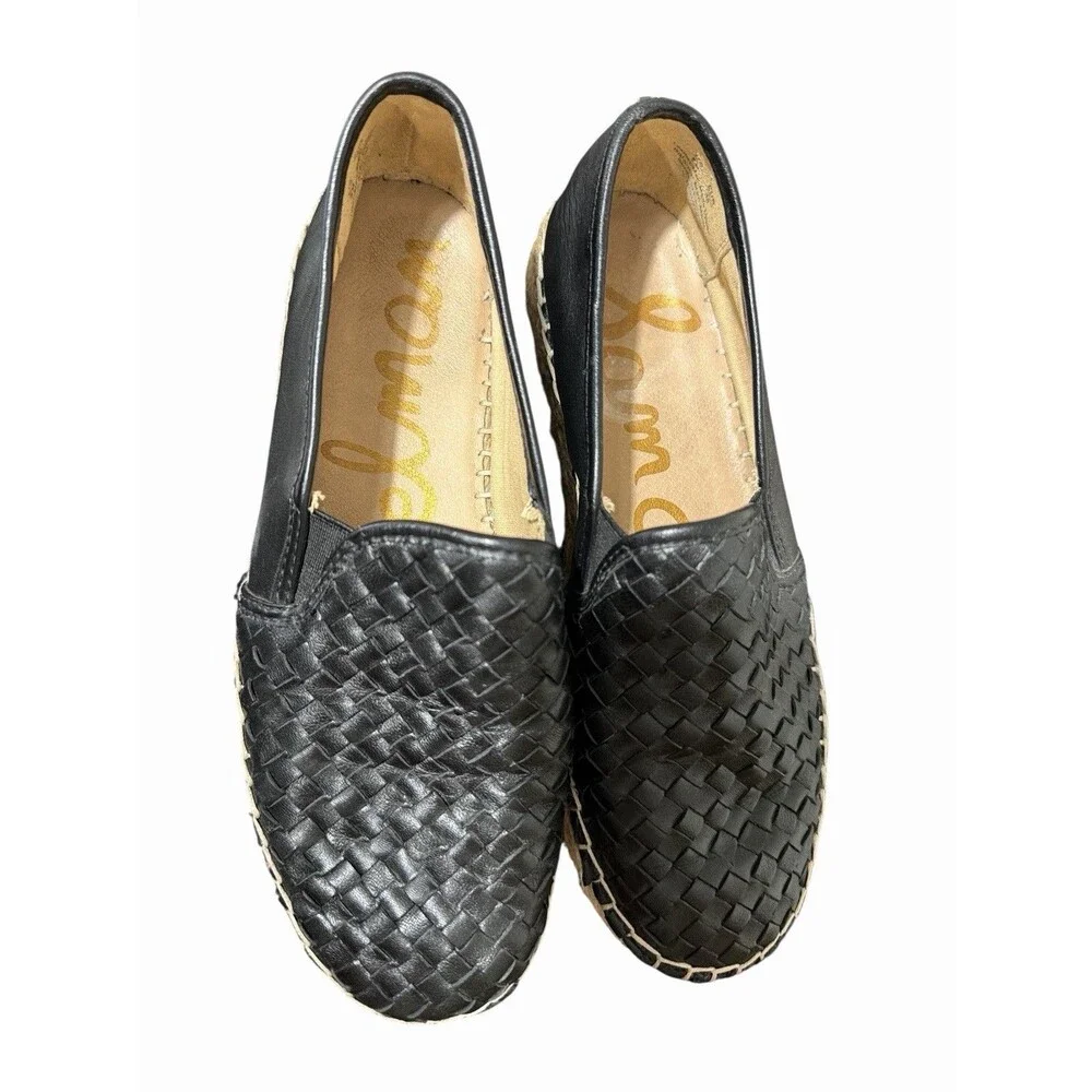 Sam Edelman Espadrilles Flats‎ 8 M Black Woven Leather Slip On Platform Shoes